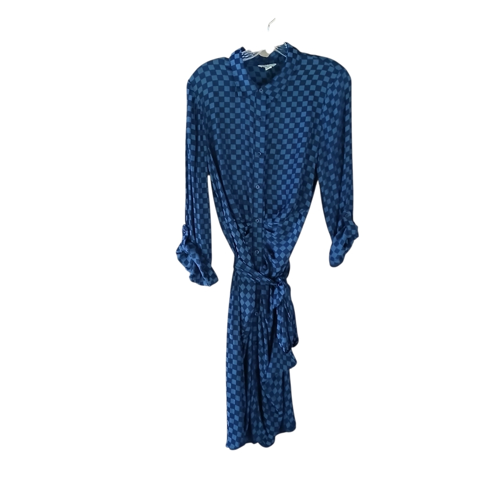 Cato Blue Checkered Long Sleeved Ruched Front Belted Midi Shirt Dress Size Large